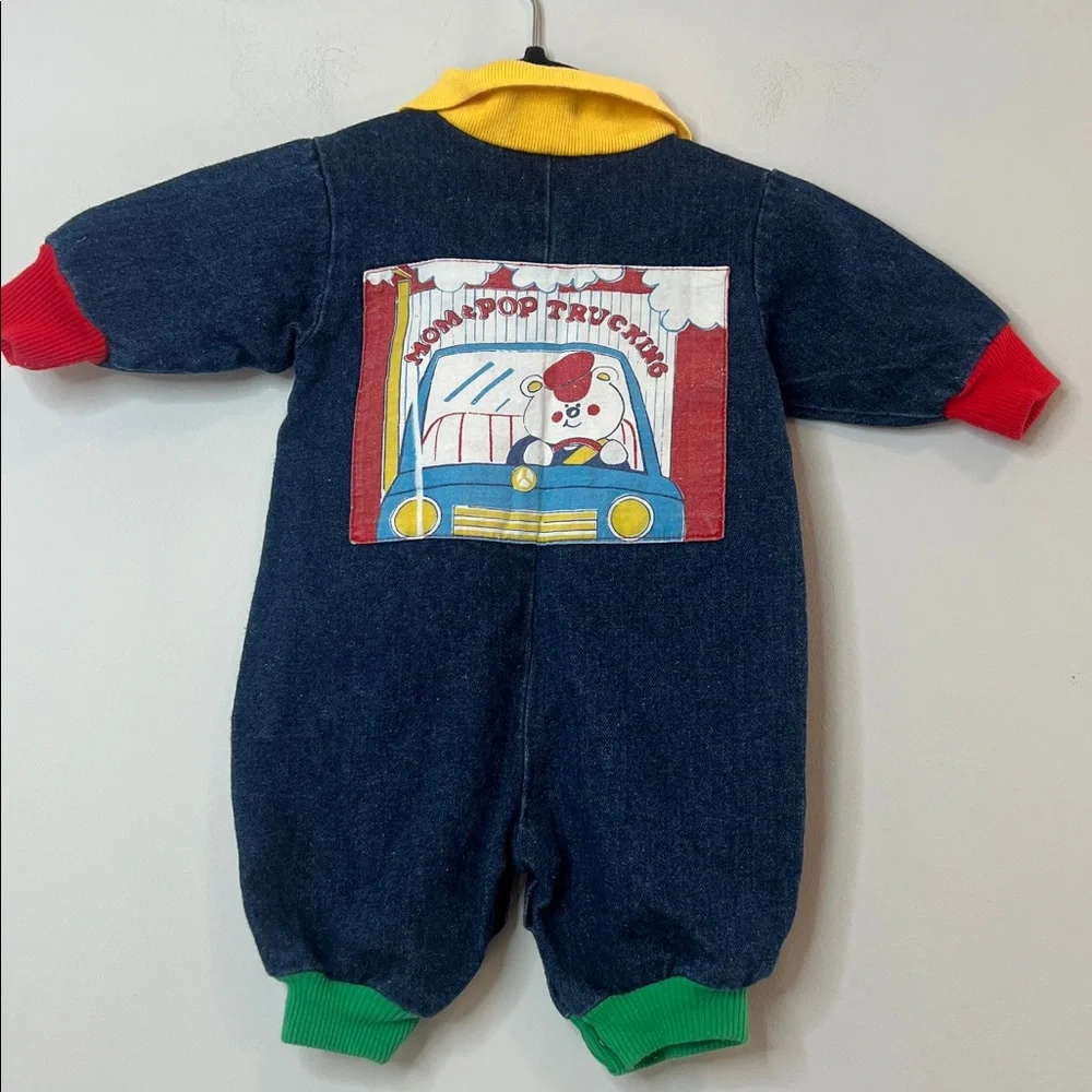 Vintage 1980'2 1990's Kids Blue‎ Denim Jumpsuit Yellow Red Green Baby 0-3 Months